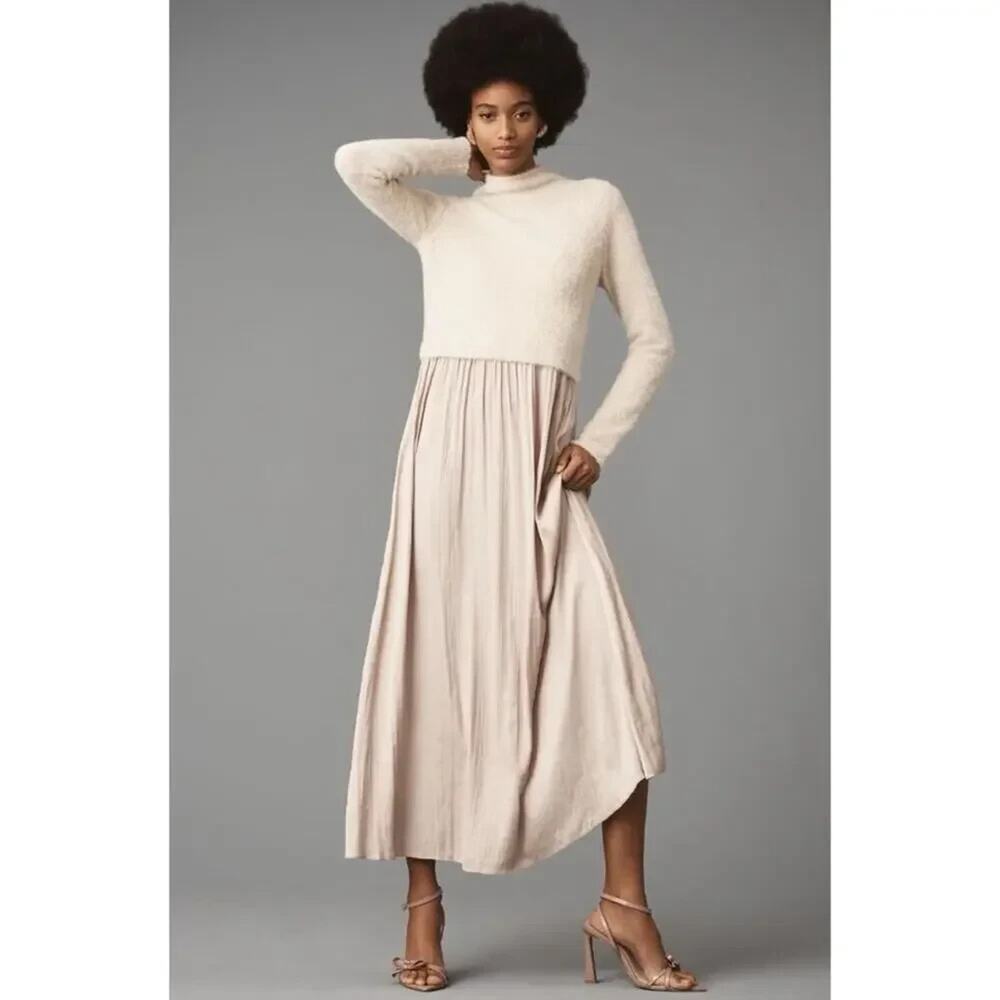 Anthropologie *IN Blush Neutral* Thea Eyelash Twofer Sweater Dress Petite Large